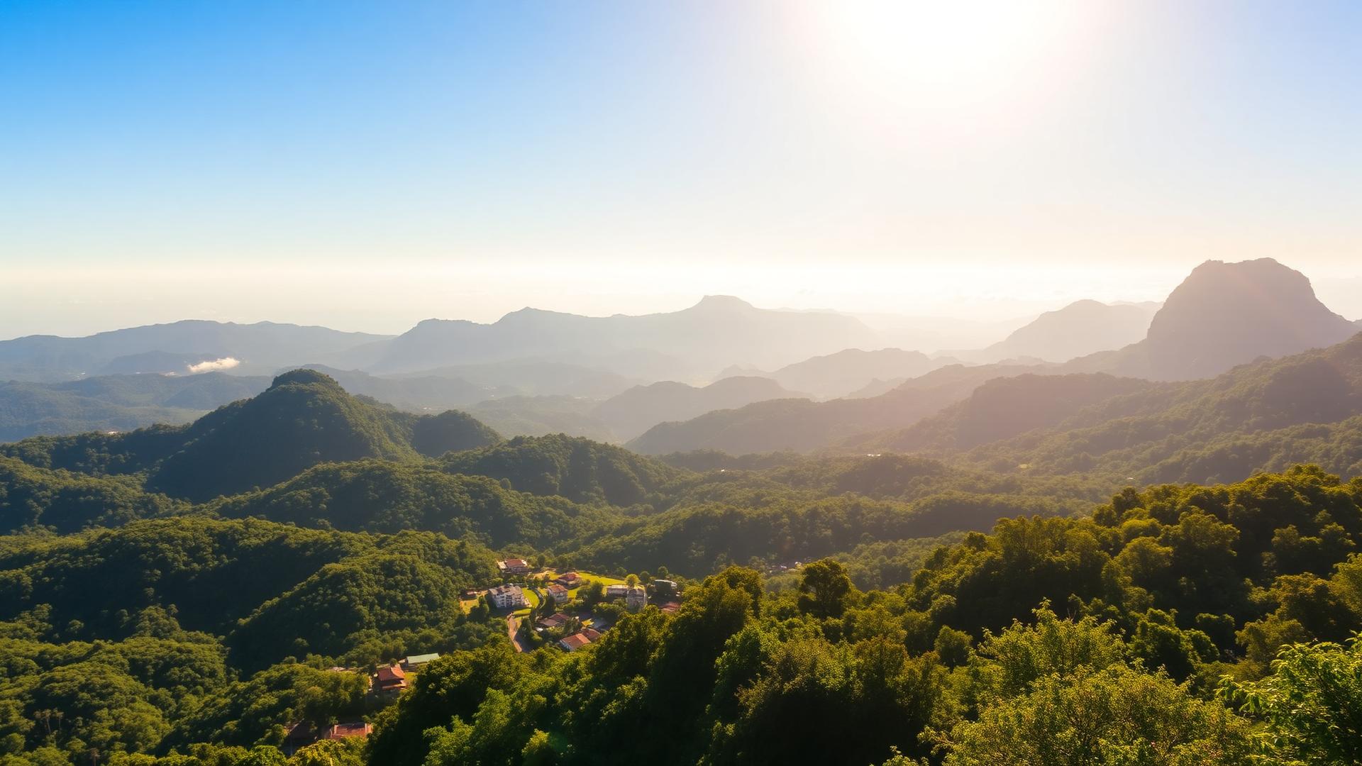 Estrada cercada pela Mata Atlântica com vista para as montanhas de Araras